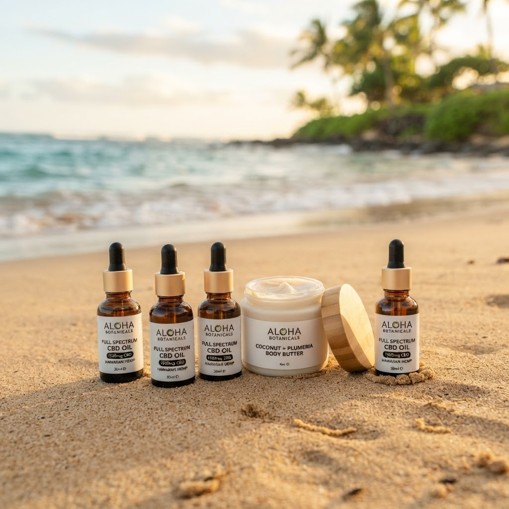 Medic808 CBD products arranged on a sunlit Hawaiian beach